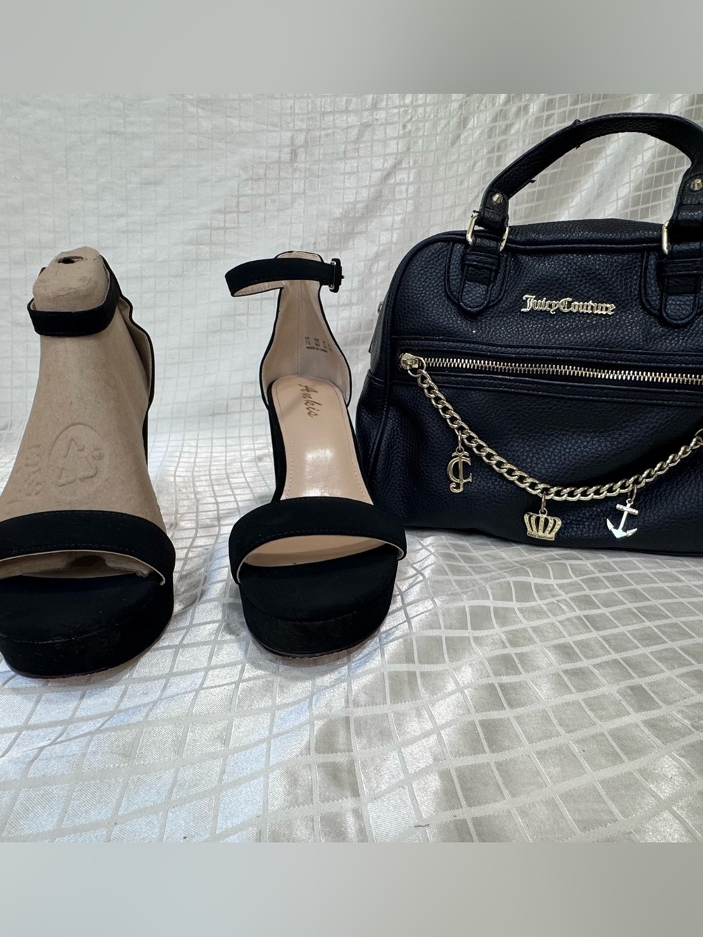 Black Suede Platform Ankle-Strap Heels and juicy couture purse SET